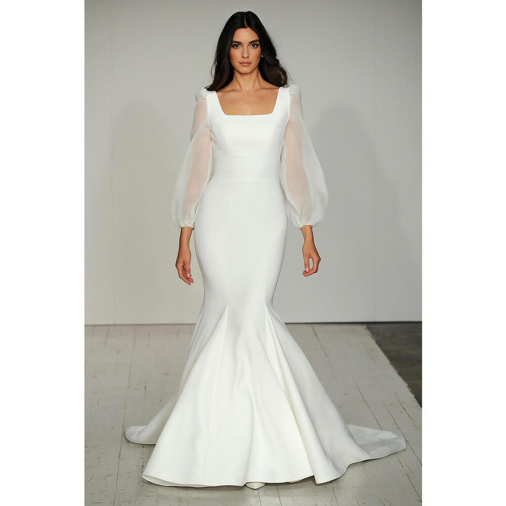 $6,500 Mori Lee Bridal Gown Ivory 30166  Puff Sheer Sleeves Modest sz US 12 Slim